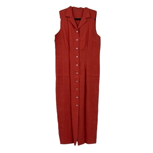 Long maxi, 100% linen, orange, pearl button sheath dress SZ L - Picture 1 of 10
